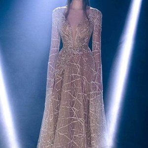 MNM Couture Champagne Beaded Plunge A-Line Prom Gown